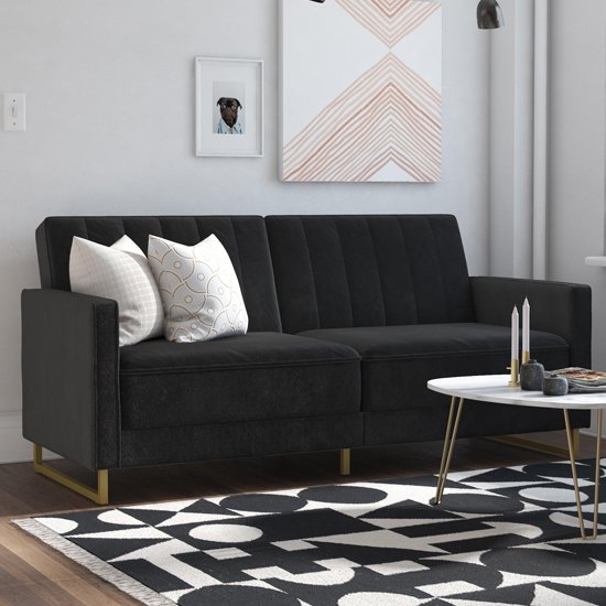 Skylar Velvet Upholstered Sofa Bed In Black With Gold Metal Legs