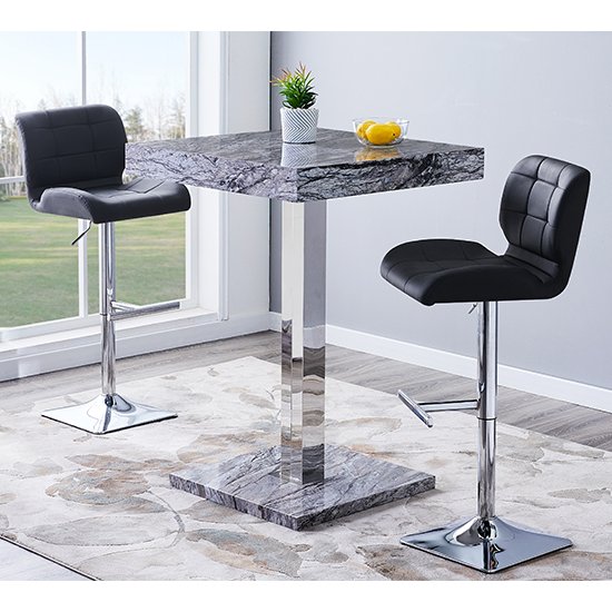Topaz Gloss Bar Table In Melange Marble Effect With 2 Candid Black Bar Stools