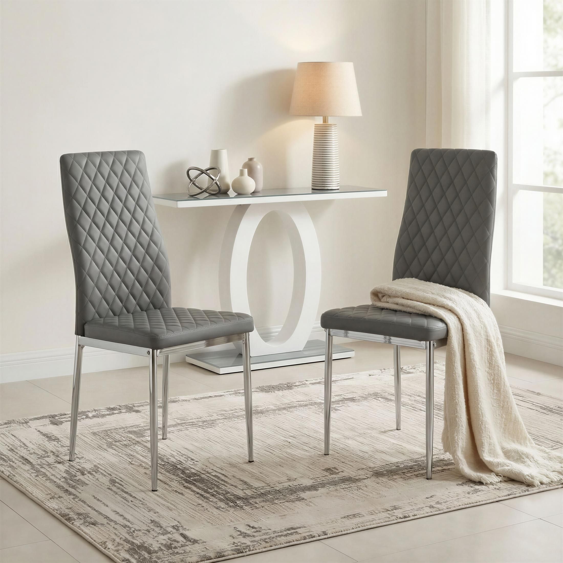 FurnitureboxUK Set of 4 Milan High Back Soft Touch Diamond Pattern Faux Leather Dining Chairs With Silver Chrome Metal Legs in Grey