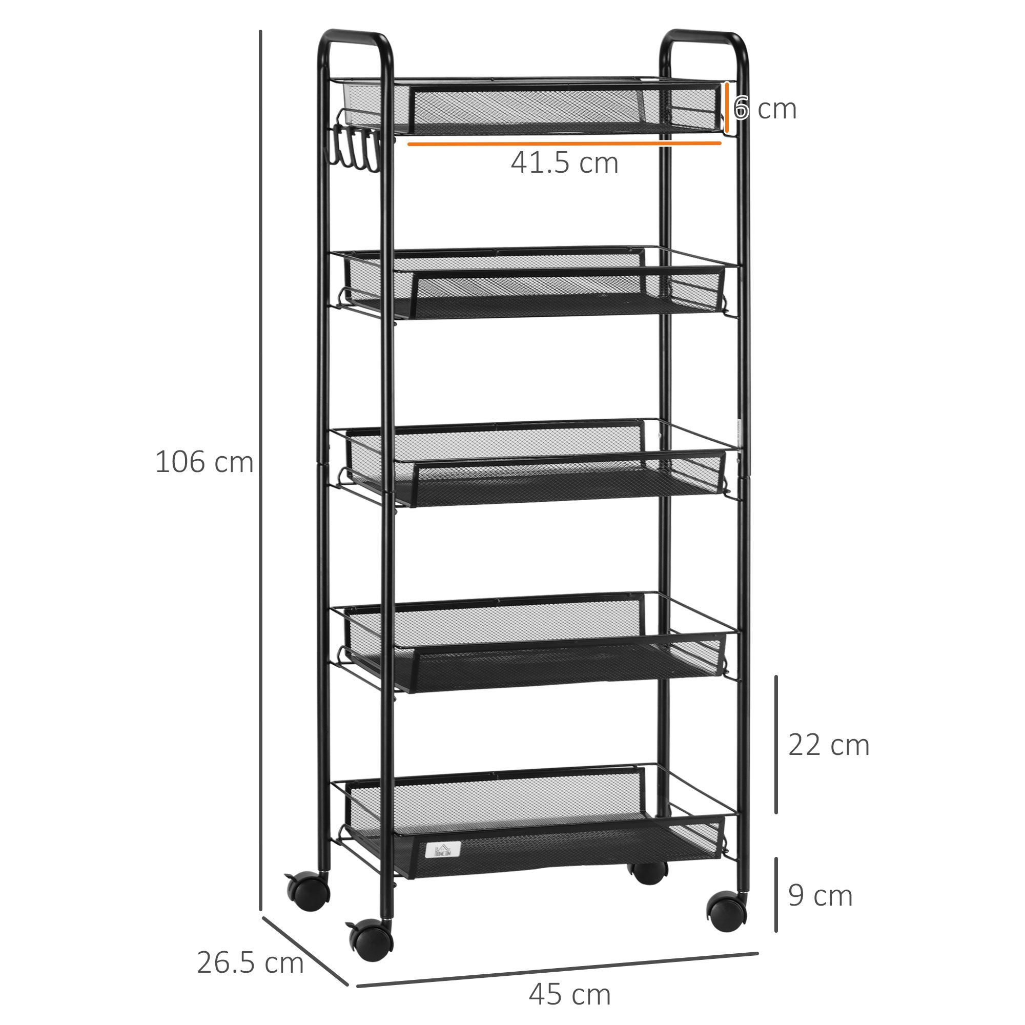 HOMCOM 5 Tier Utility Rolling Cart with Removable Mesh Baskets, Black 3