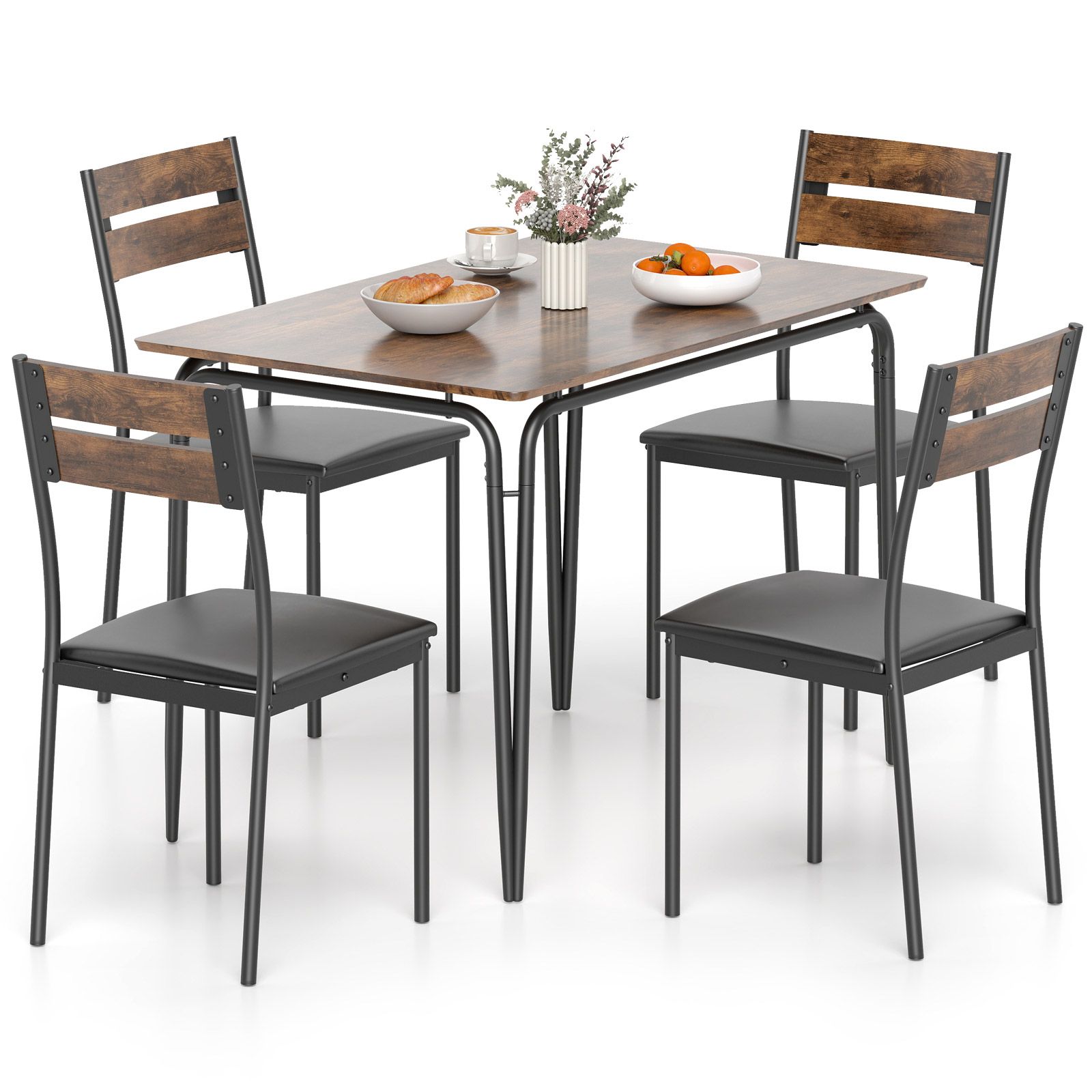 Costway 5PCS Dining Table Set Rectangular Kitchen Table & 4 Armless Chairs in Brown
