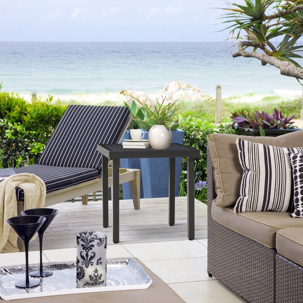 OUTSUNNY Garden Side Table Coffee Table with Umbrella Hole for Patio Balcony in Black