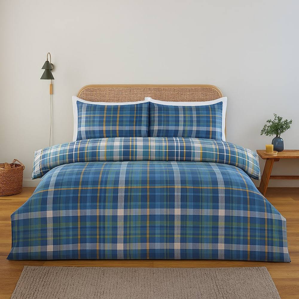 Rapport Home Regalia Check Microfibre Complete Duvet Cover Set with Fitted Sheet in Blue