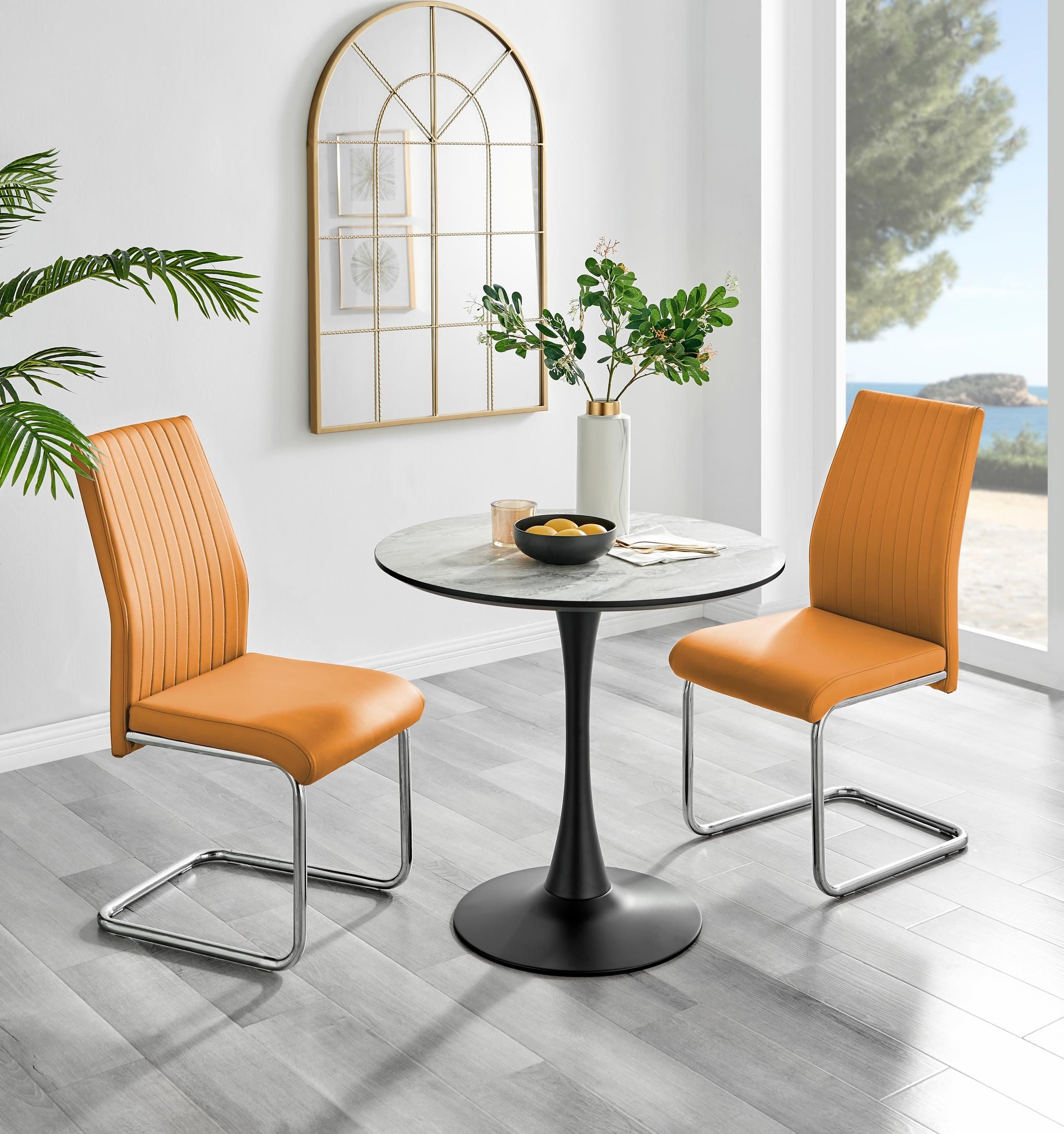 FurnitureboxUK Elina White Marble Effect Scratch Resistant Dining Table & 2 Lorenzo Faux Leather Chairs in Mustard