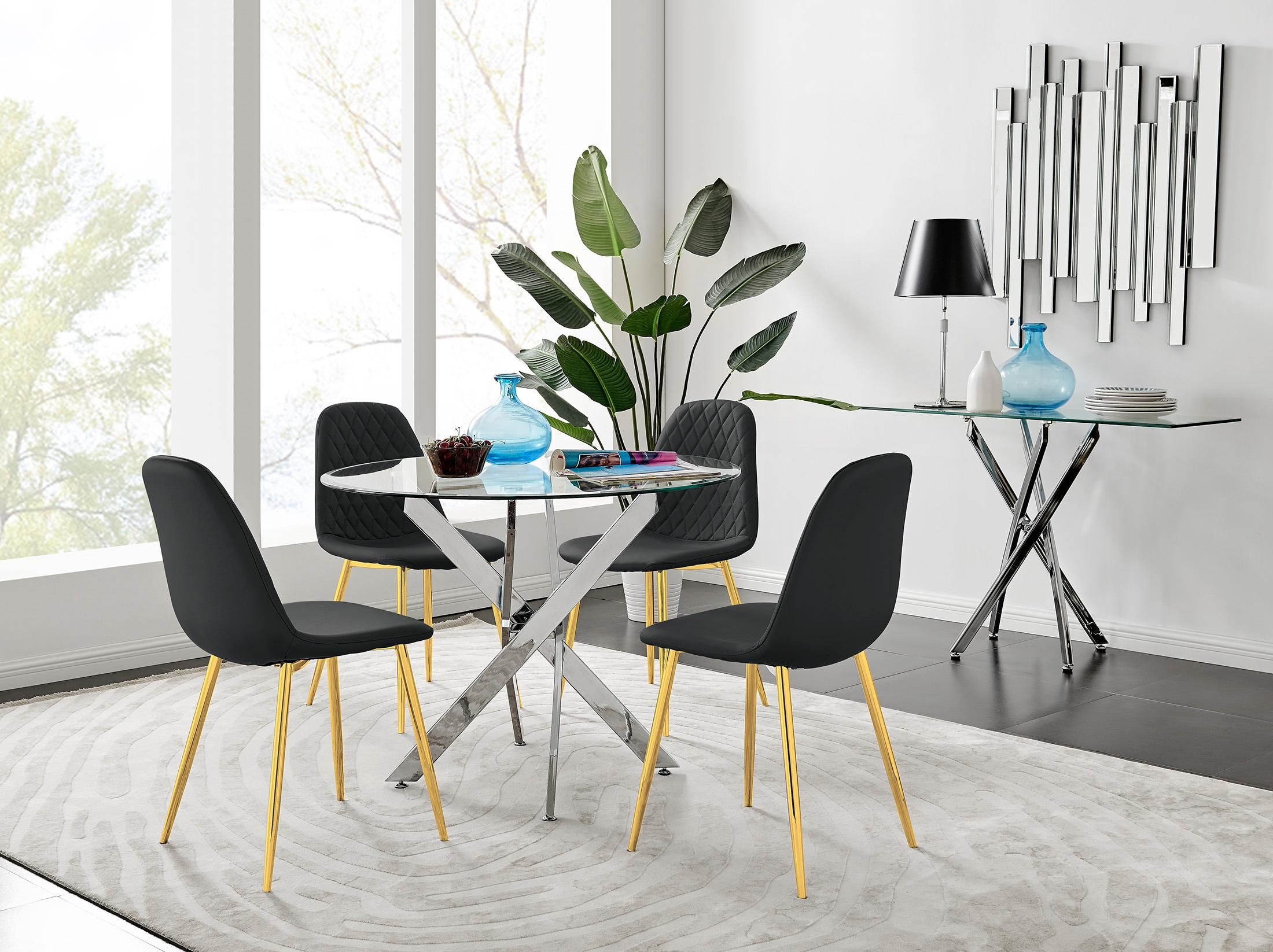 FurnitureboxUK Novara Chrome Metal 100cm Round Glass Dining Table & 4 Corona Gold Dining Chairs in Black