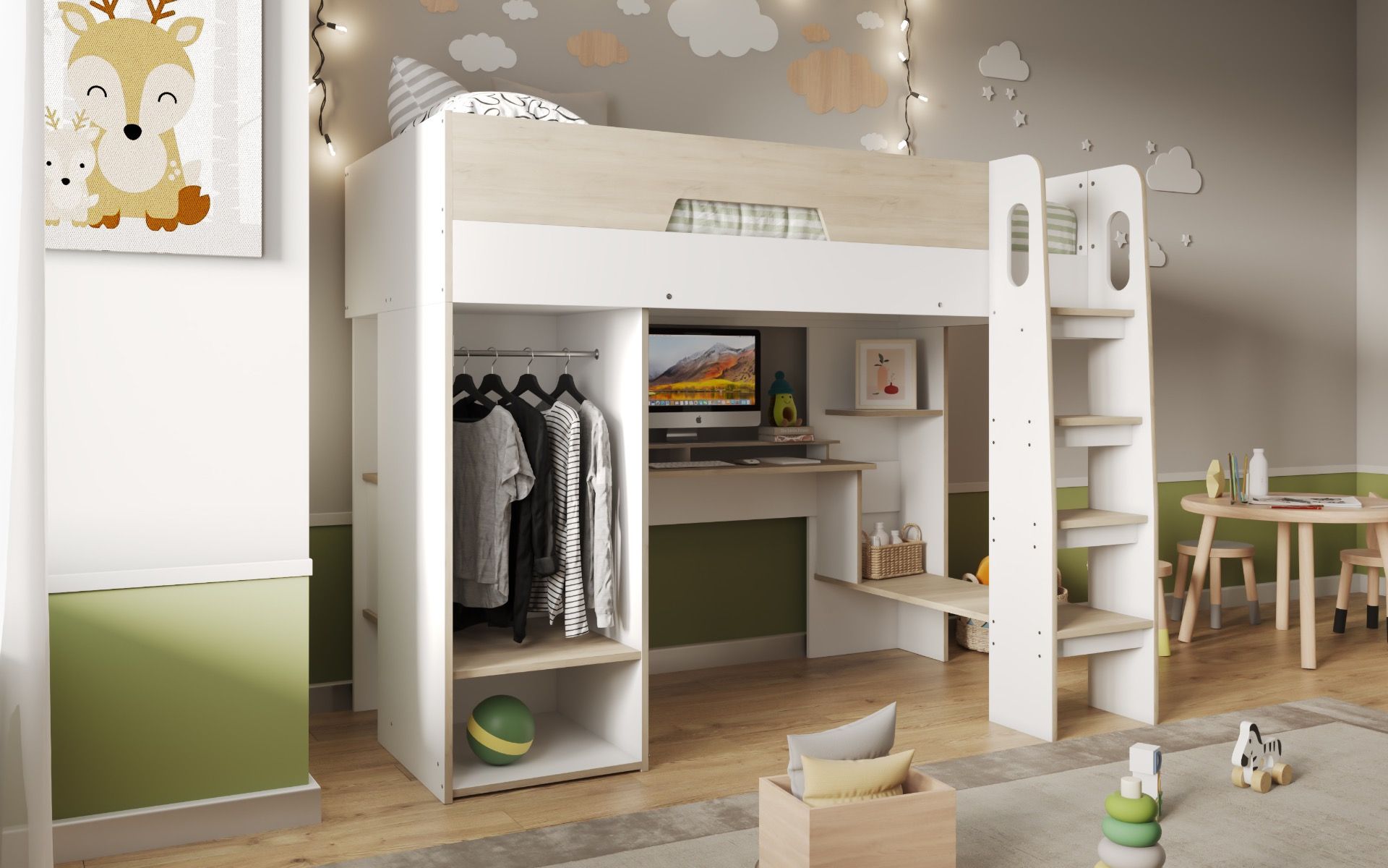 Flair Coco High Sleeper Workstation with Wardrobe in White