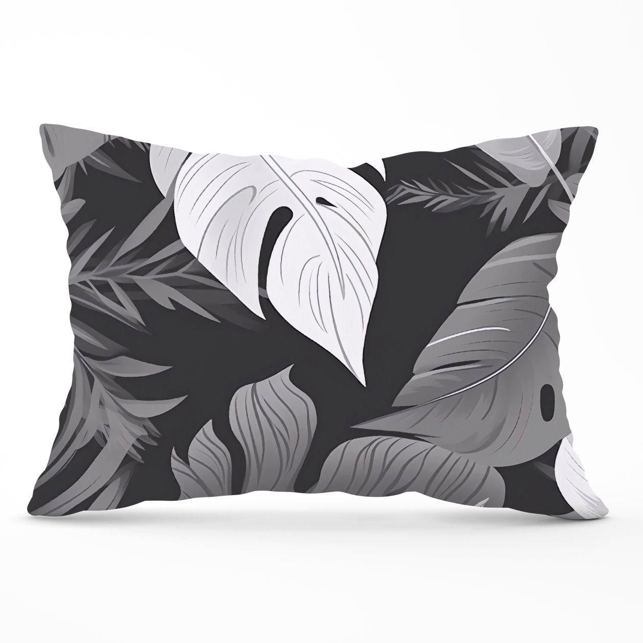 Warren Reed - Designer Black White Tropical Leaves Cushions in Grey