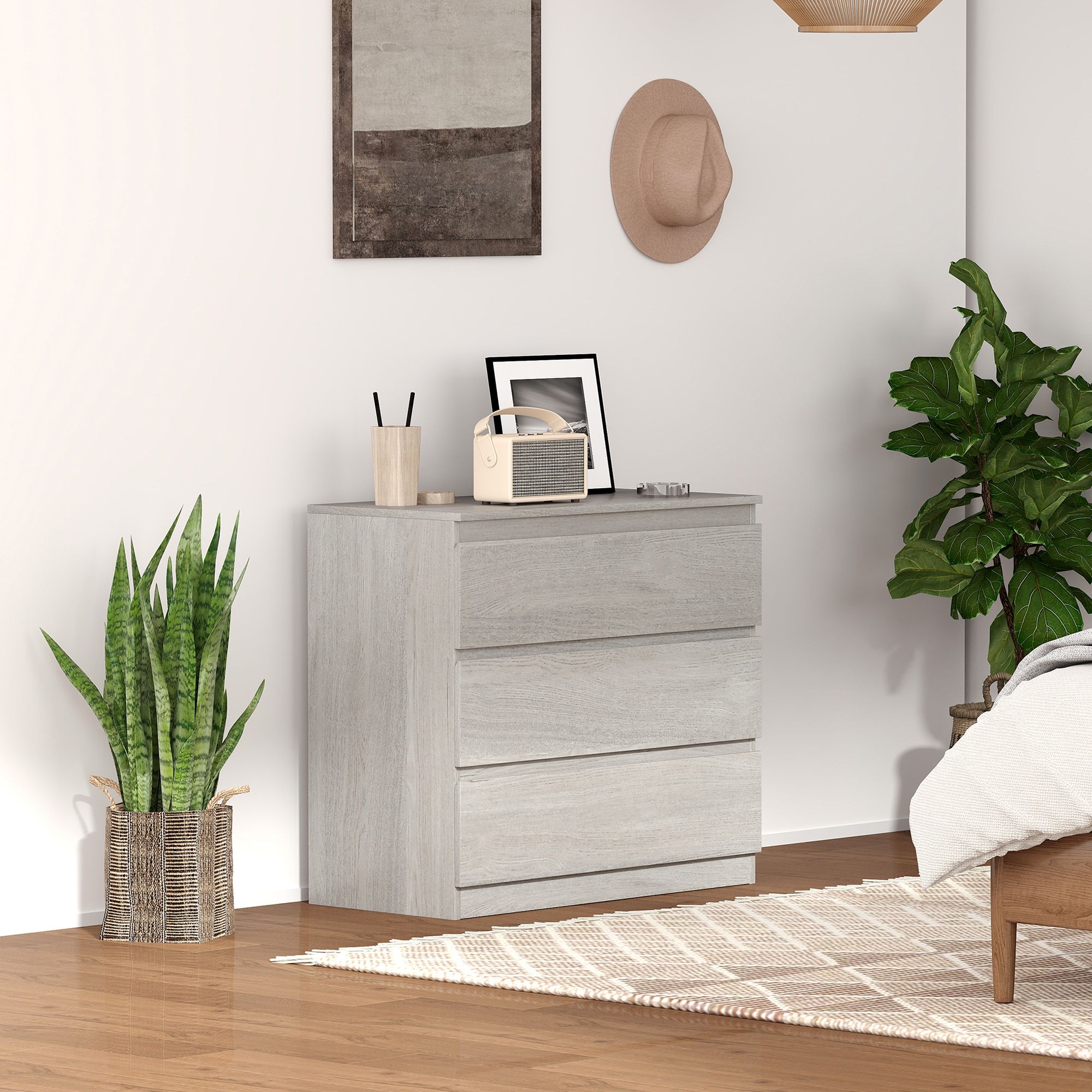 HOMCOM Chest of Drawers, 3 Drawer Storage Cabinet Unit for Bedroom in Grey
