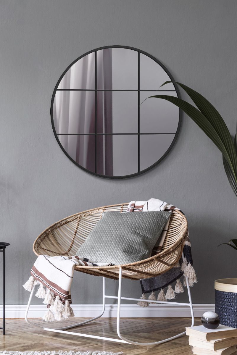 MirrorOutlet Black Metal Framed Round Window Wall Mirror 31" X 31" (80x80CM)