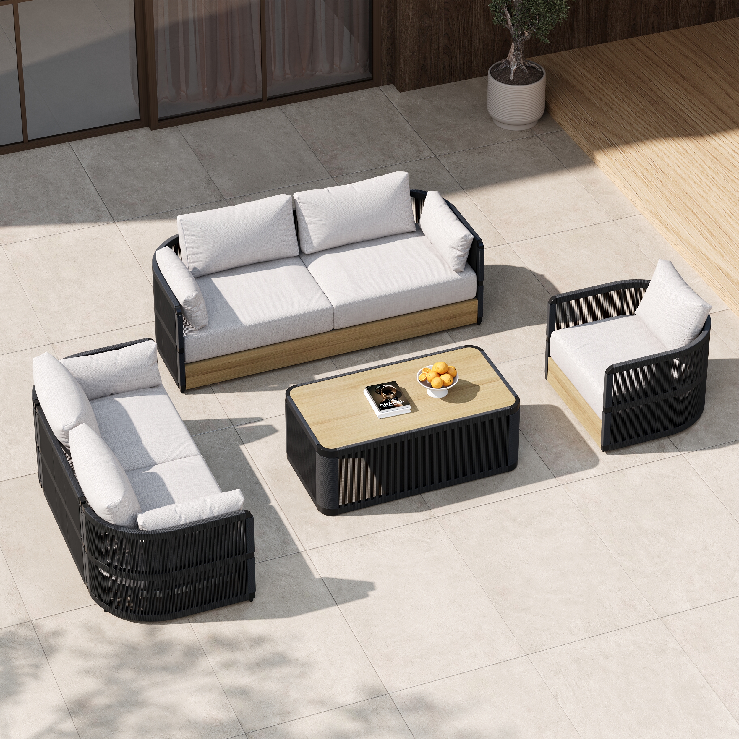 4-piece Modern Aluminium & Rope Garden Swivel Sofa Set with Coffee Table in Black for 6 People, Modern Wood Garden & Yard Rope Sofa Set