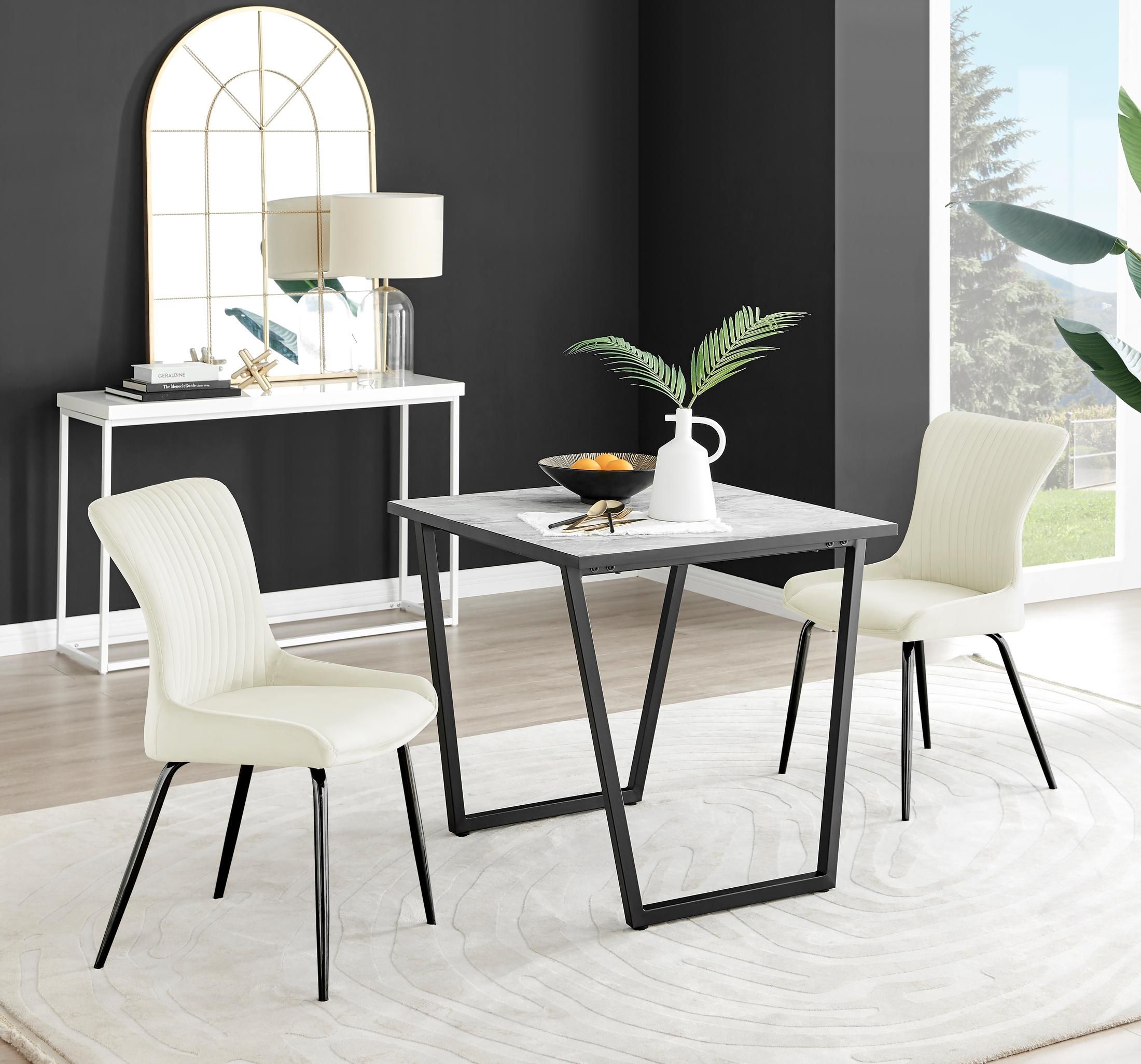 FurnitureboxUK Carson White Marble Effect Square Dining Table & 2 Velvet Nora Black Leg Chairs in Cream