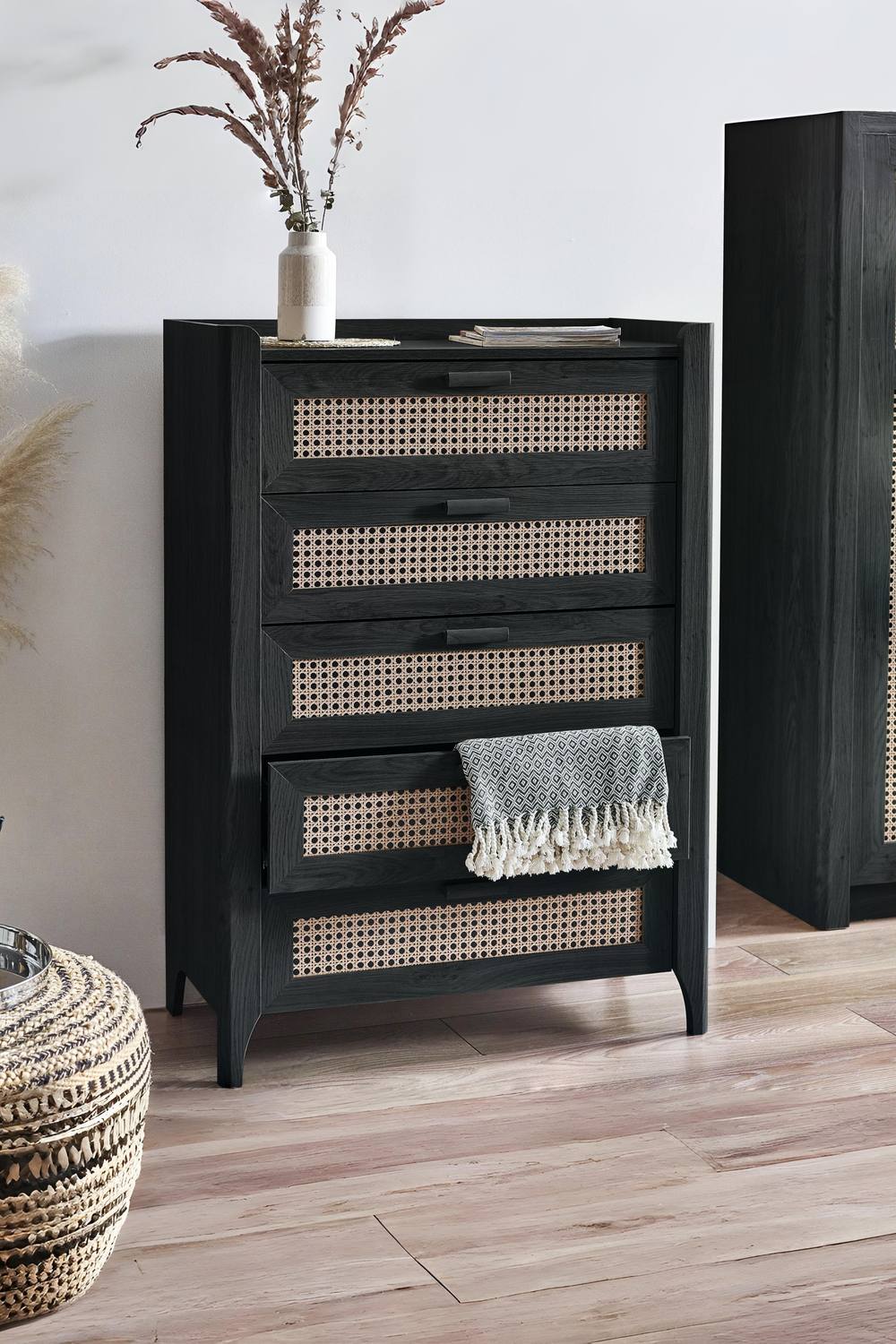 Julian Bowen Sydney Rattan Print 5 Drawer Chest in Black