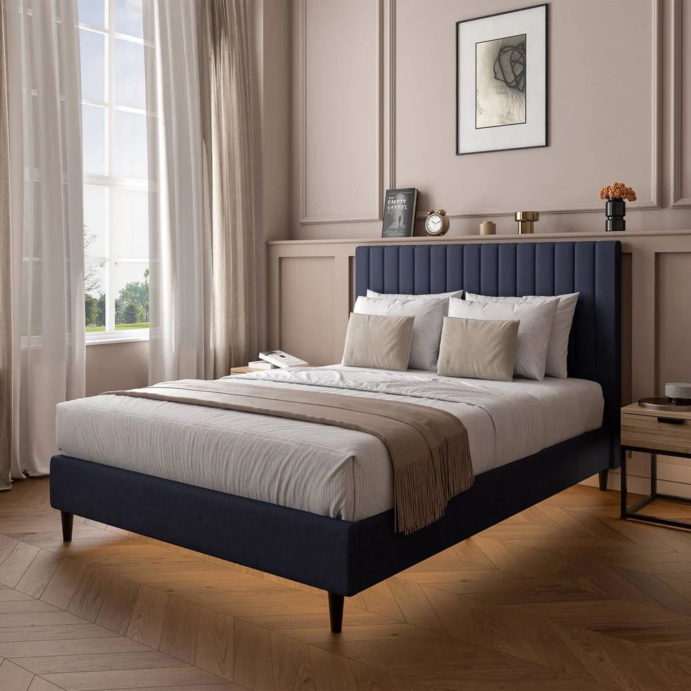 X Rocker Maisie Velvet Upholstered Bed Frame with LED Lights in Navy
