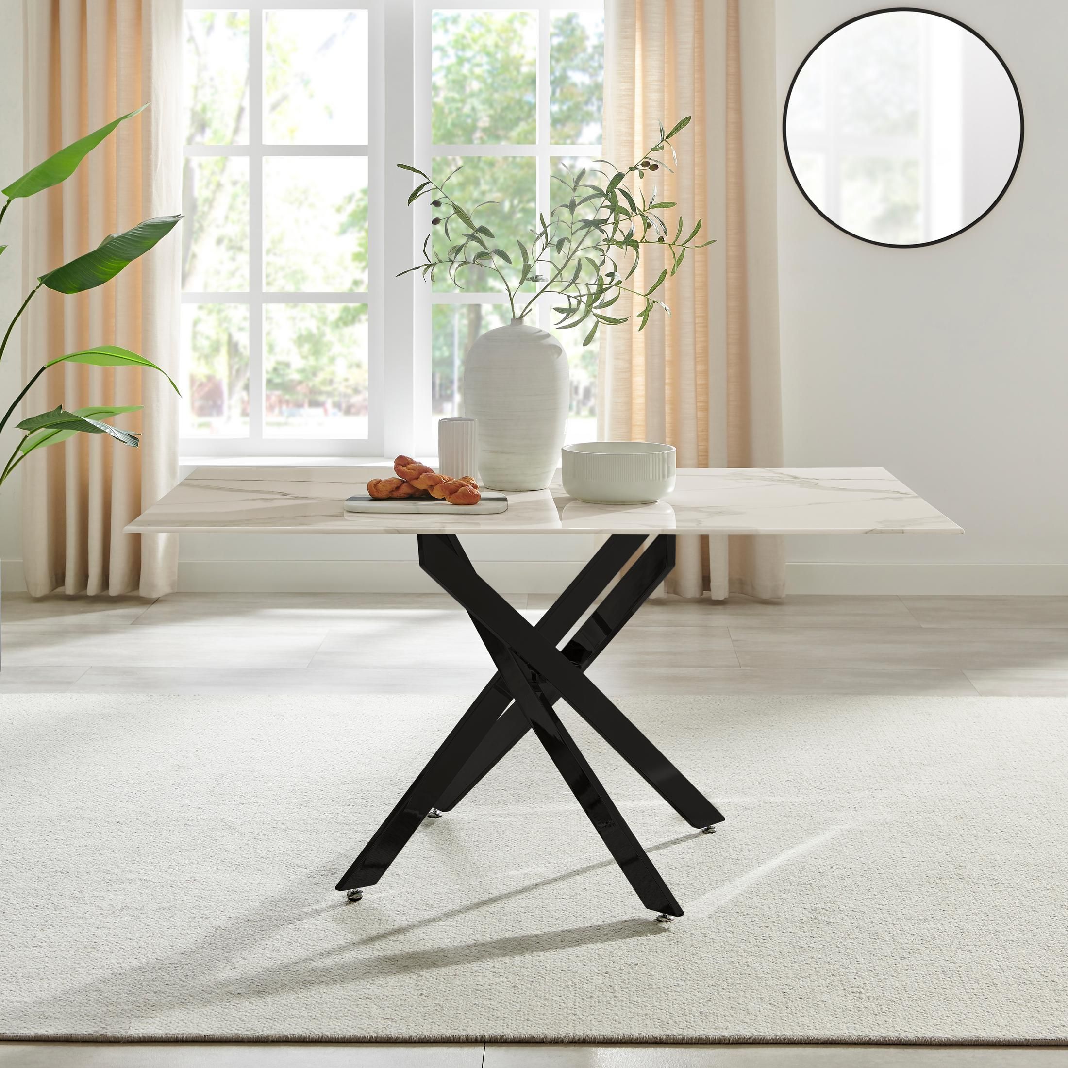 FurnitureboxUK Leonardo 6-Seater Dining Table With Marble Effect Glass Top & Black Metal Legs in White