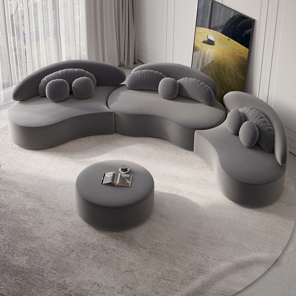 145.7" Velvet Curved Modular Sectional Sofa with Ottoman Deep Gray Upholstered 7-Seater Sofa Set