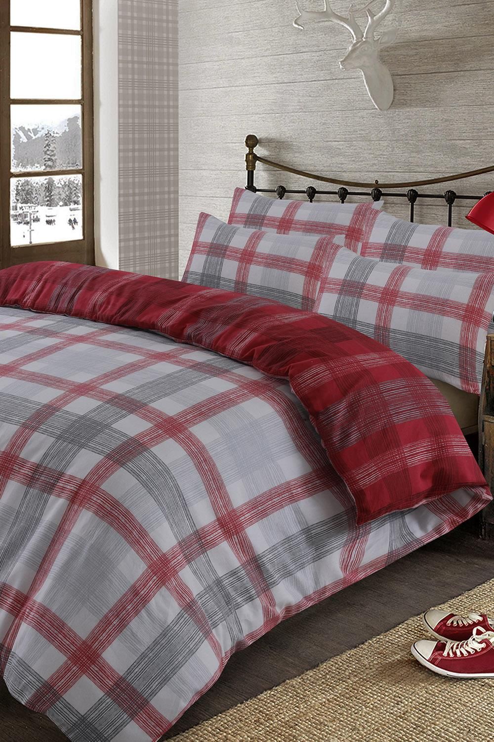 OHS Boston Brushed Cotton Duvet Cover Pillowcase Bedding Set in Red