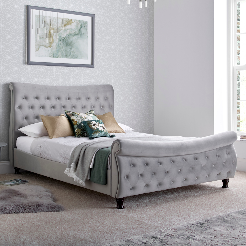 Oxford - Super King Size - Sleigh Bed - Grey - Velvet - 6ft - Happy Beds