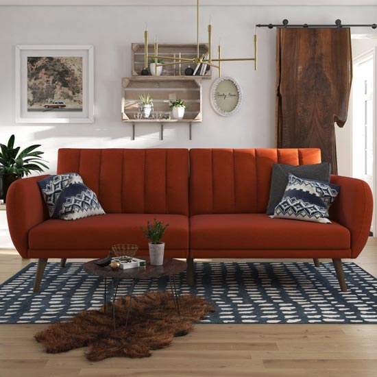 Brittany Linen Sofa Bed In Orange With Wooden Legs
