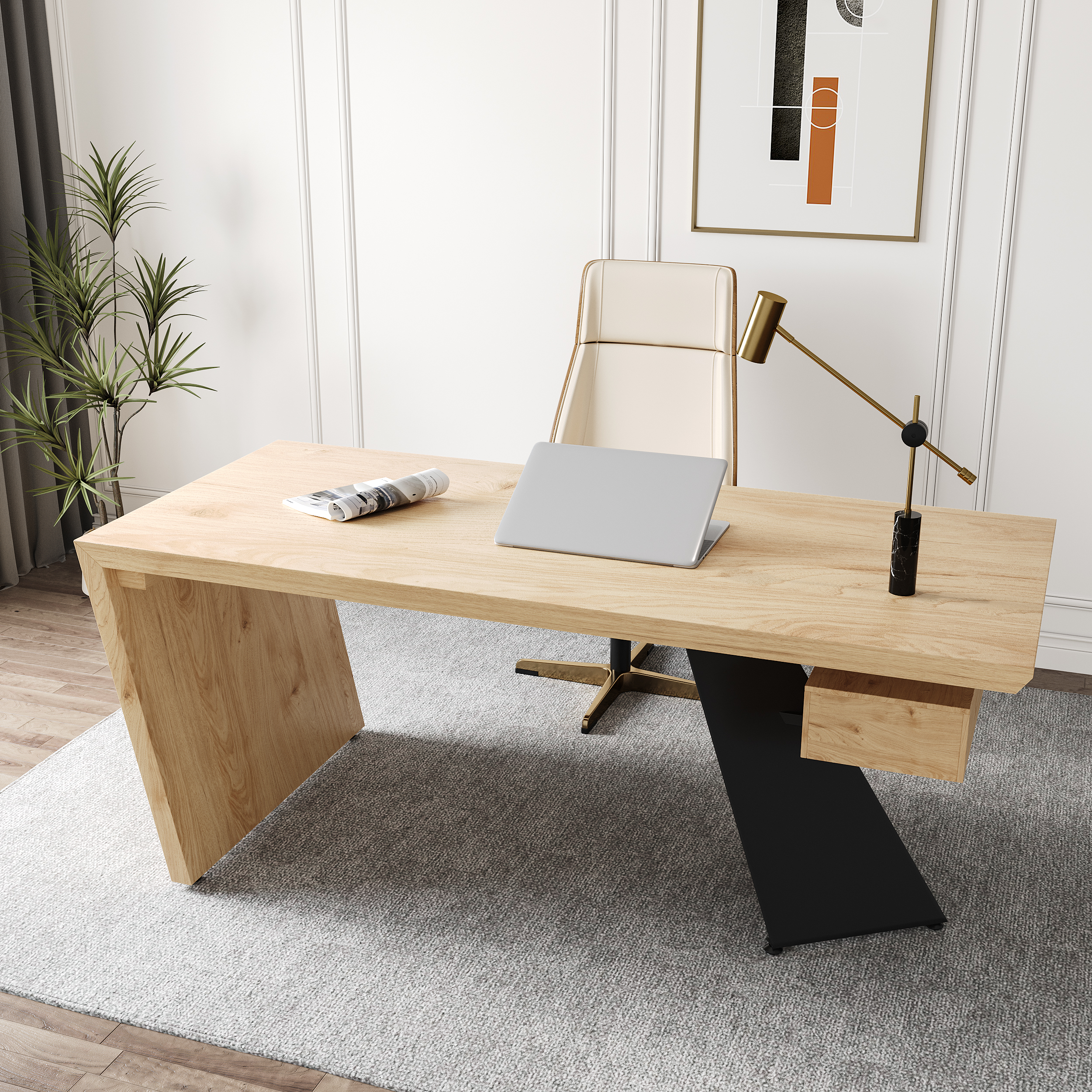 Industrial Natural Wooden Writing Desk & Leather Office Chair Set (1600mm)