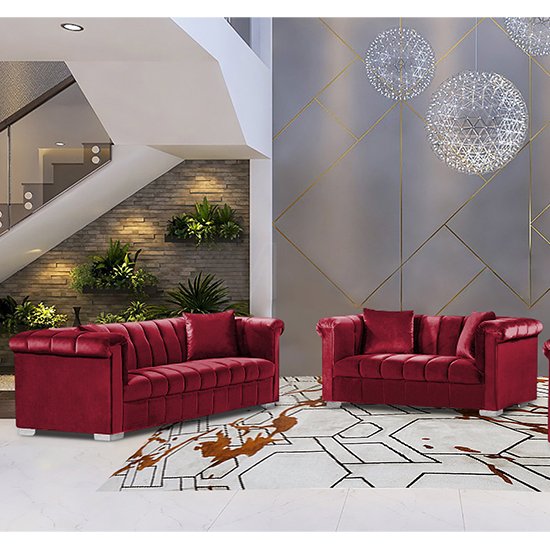 Kenosha Velour Fabric 2 Seater And 3 Seater Sofa In Red