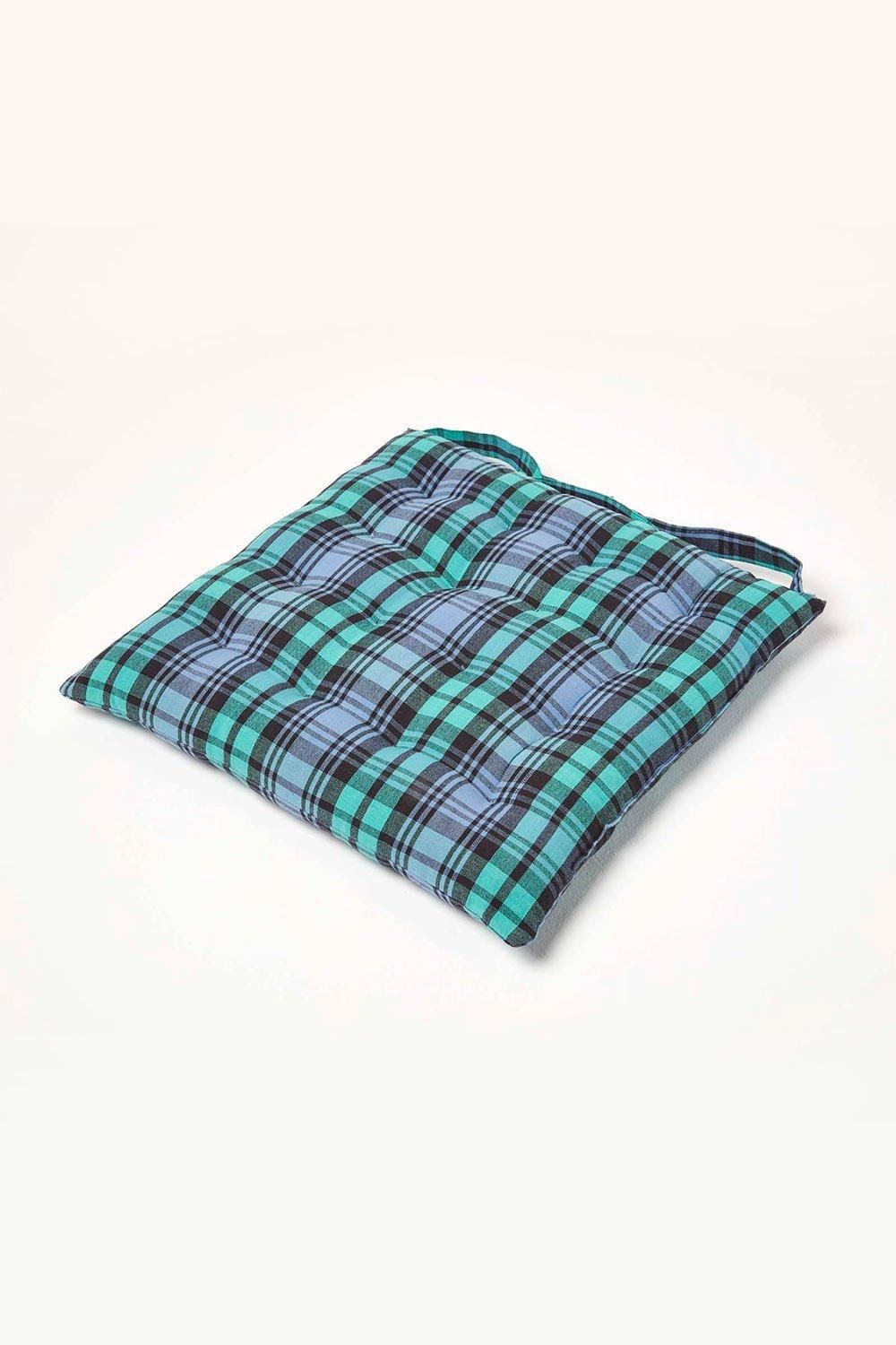 Homescapes Seat Pad Luxury Cotton Green Tartan Indoor Outdoor Garden Cushion, 40cm