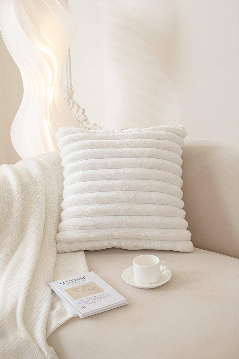 H&O Direct 45cm L x 45cm W Decorative Plush Sofa Throw Pillow with Striped Pillowcase, White