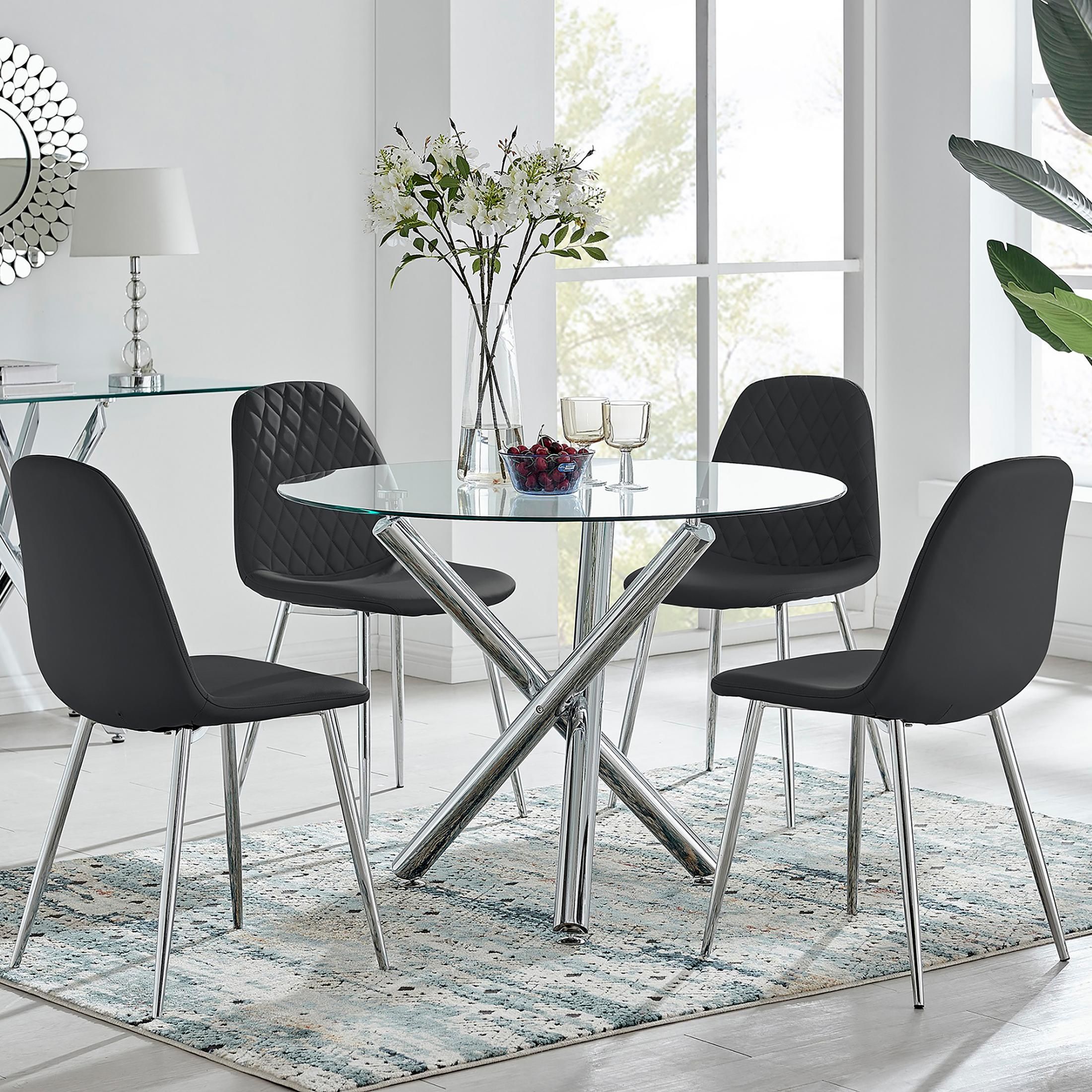 FurnitureboxUK Selina Round Glass Chrome Leg Dining Table & Corona Silver Leg Chairs in Black