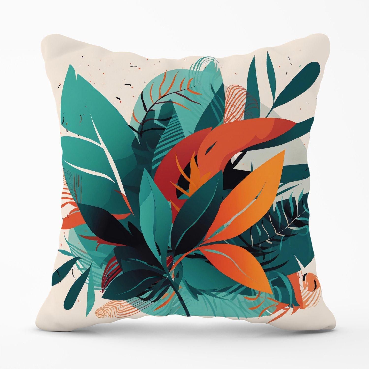 Warren Reed - Designer Green Orange Tropical Leaves Outdoor Cushion