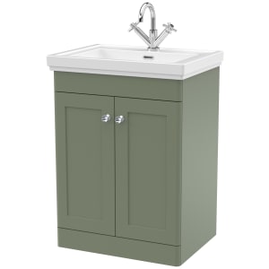 Classique Satin Green Floor Standing 2-Door Vanity & Basin 1 Tap Hole - 865 x 630mm