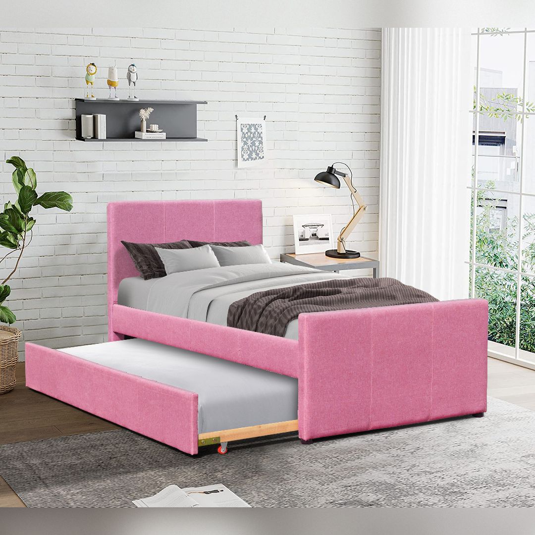 Comfy Living Ltd 3ft Single Fabric Bed Frame With Trundle Bed in Pink