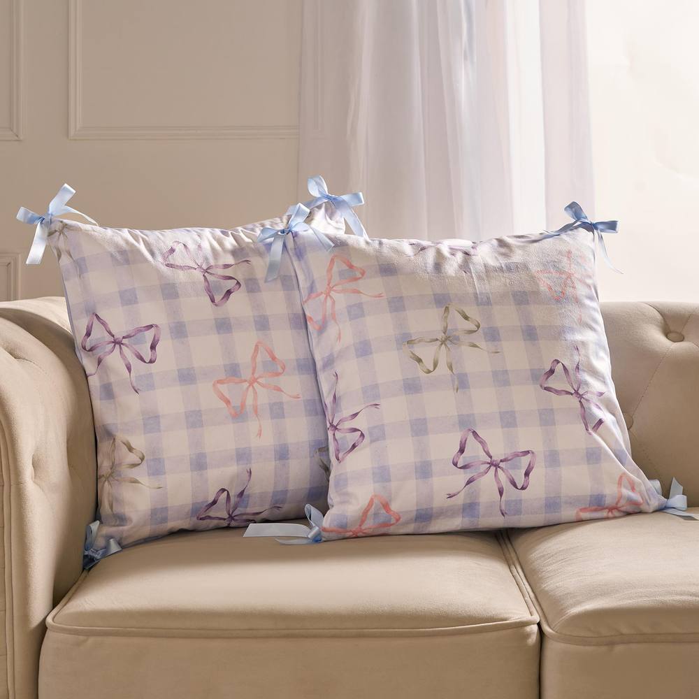 OHS 2 x Bow Gingham Matte Velvet Cushion Covers Home Decor in Blue