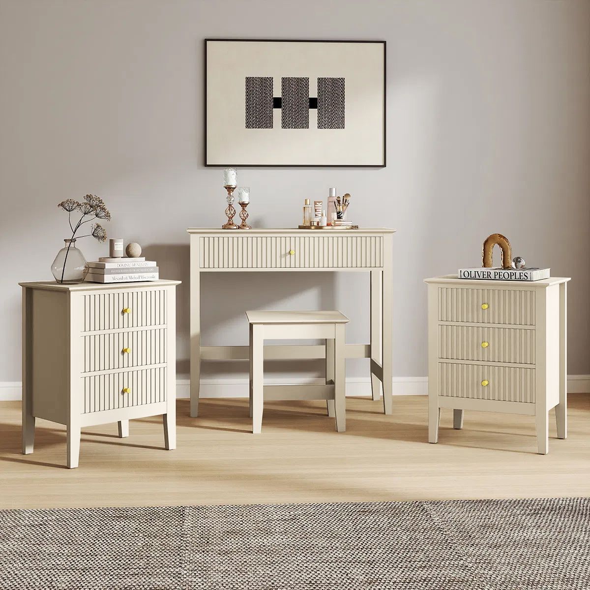 Melody Maison Dressing Table, Stool & Pair Of 3 Drawer Bedside Tables - Hales Taupe Range in Beige