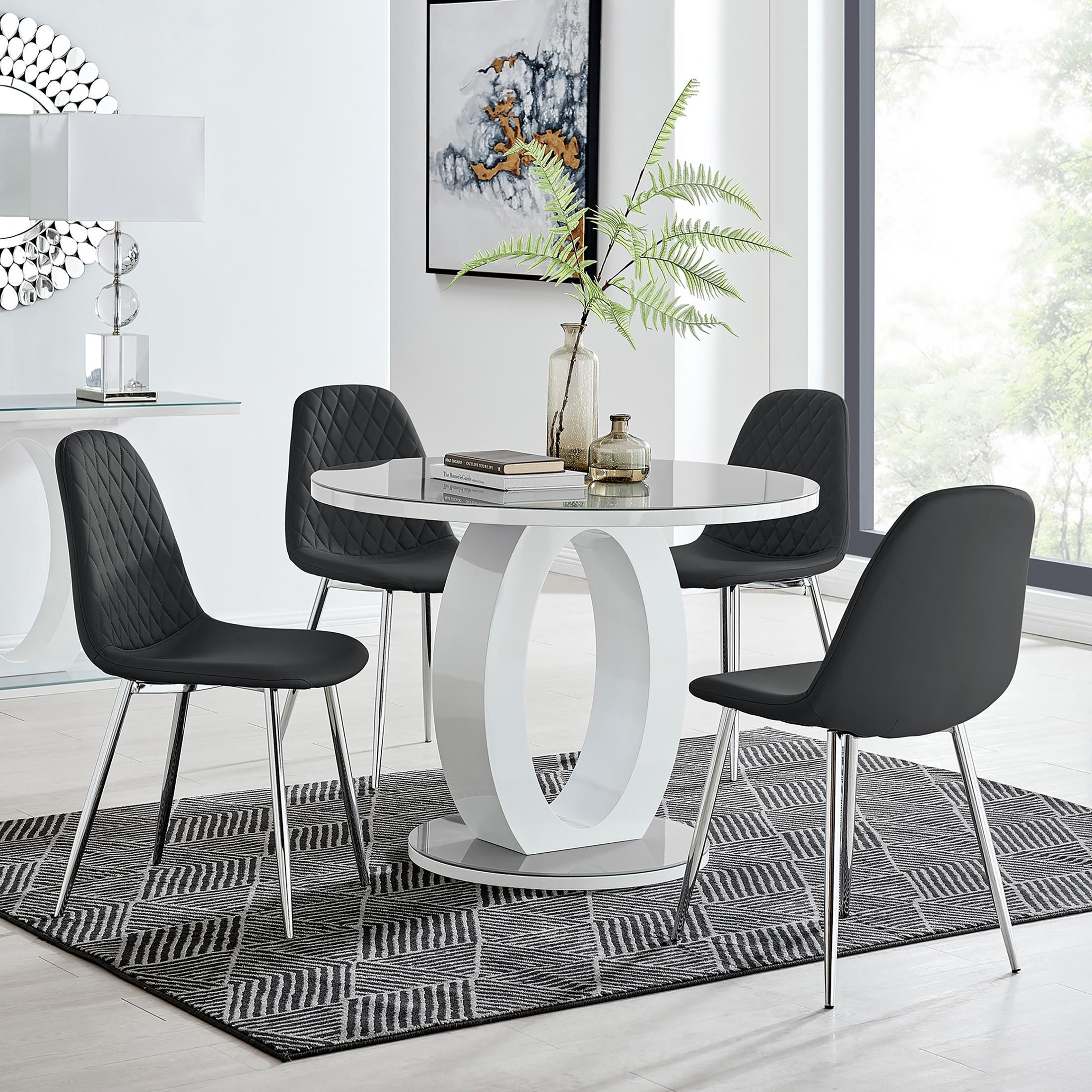 FurnitureboxUK Giovani Round 4 Seat 100cm White High Gloss Halo Base Grey Glass Top Dining Table 4 Soft Faux Leather Silver Leg Corona Chairs in Black