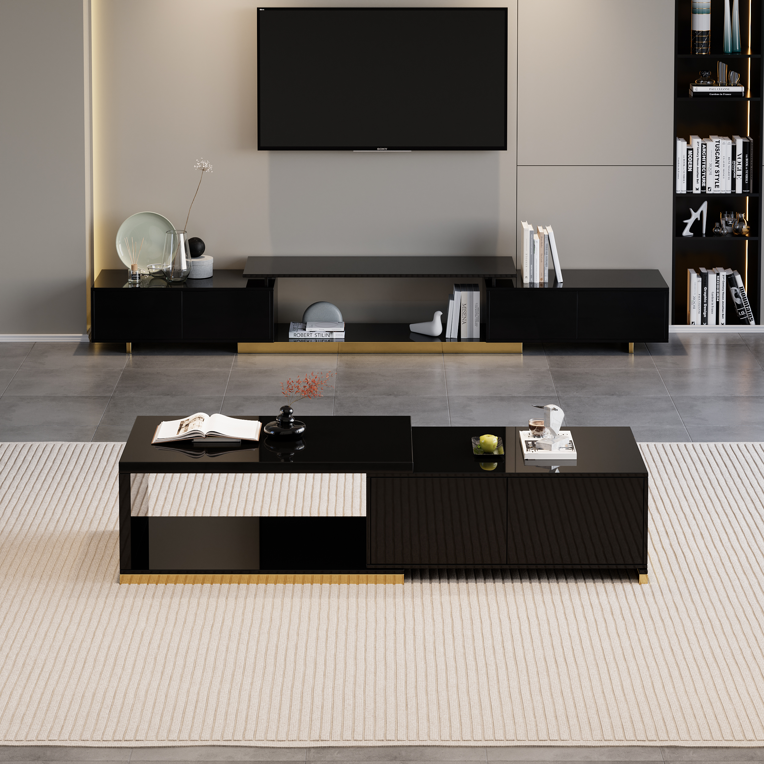 Living Room Cabinet Set Rectangle Glossy Black Extendable TV Stand & 1798 mm Glossy Black Coffee Table Set