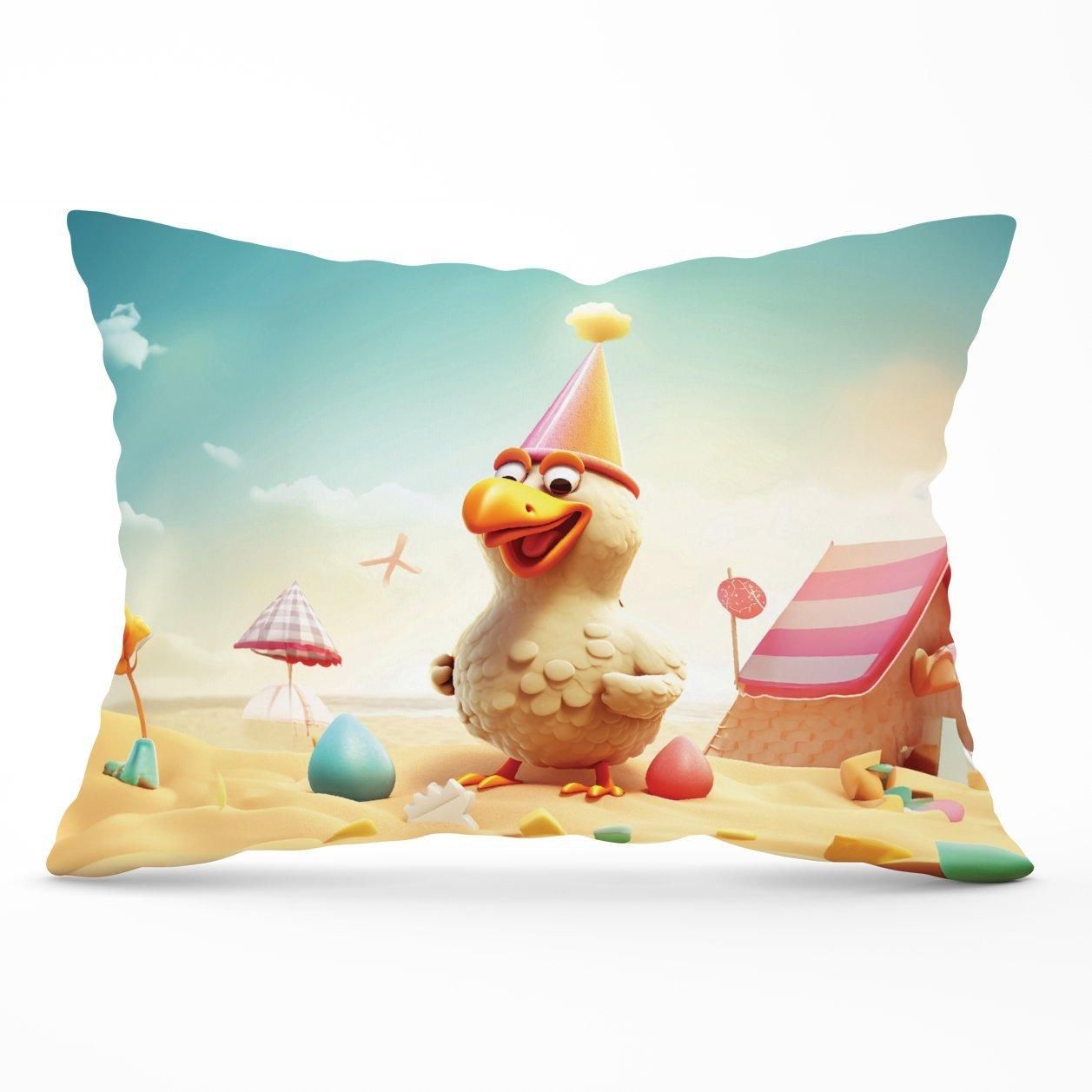Warren Reed - Designer Funky Chicken On A Beach Holiday Cushions in Yellow