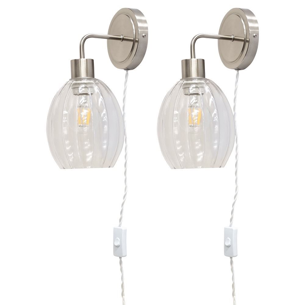 First Choice Lighting Set of 2 Toby - Satin Nickel Plug in Wall Lights Fluted Shades in Silver
