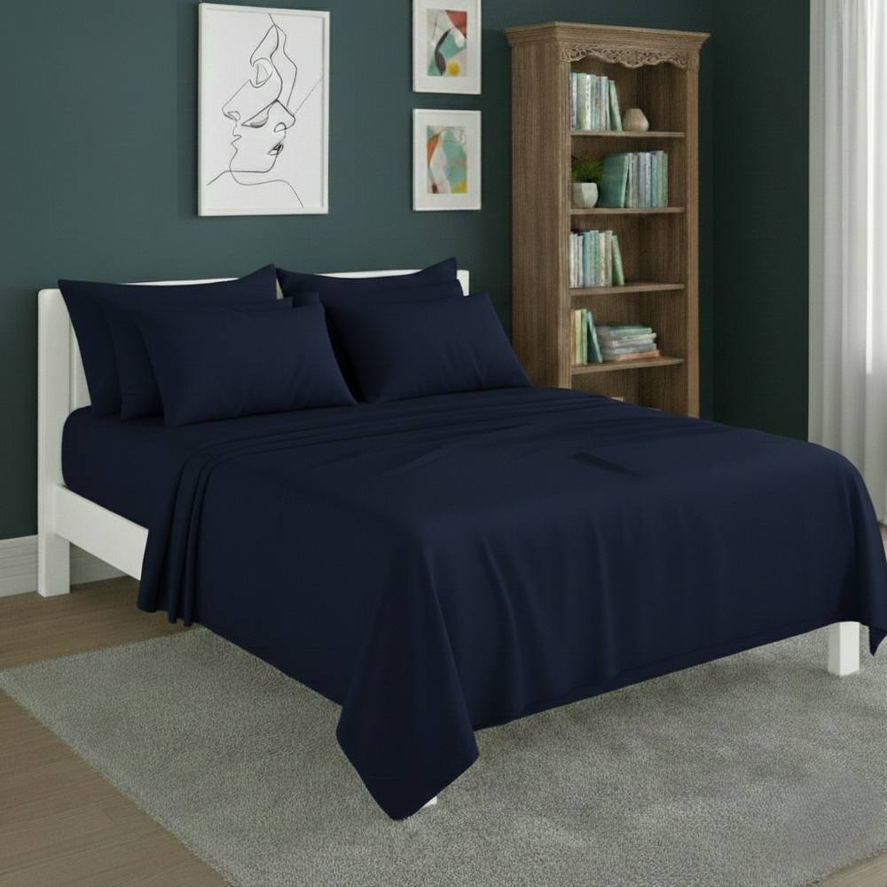 Snug City Plain Poly Cotton Easy Care Fitted Flat Sheet Matching Pillowcases Set in Navy