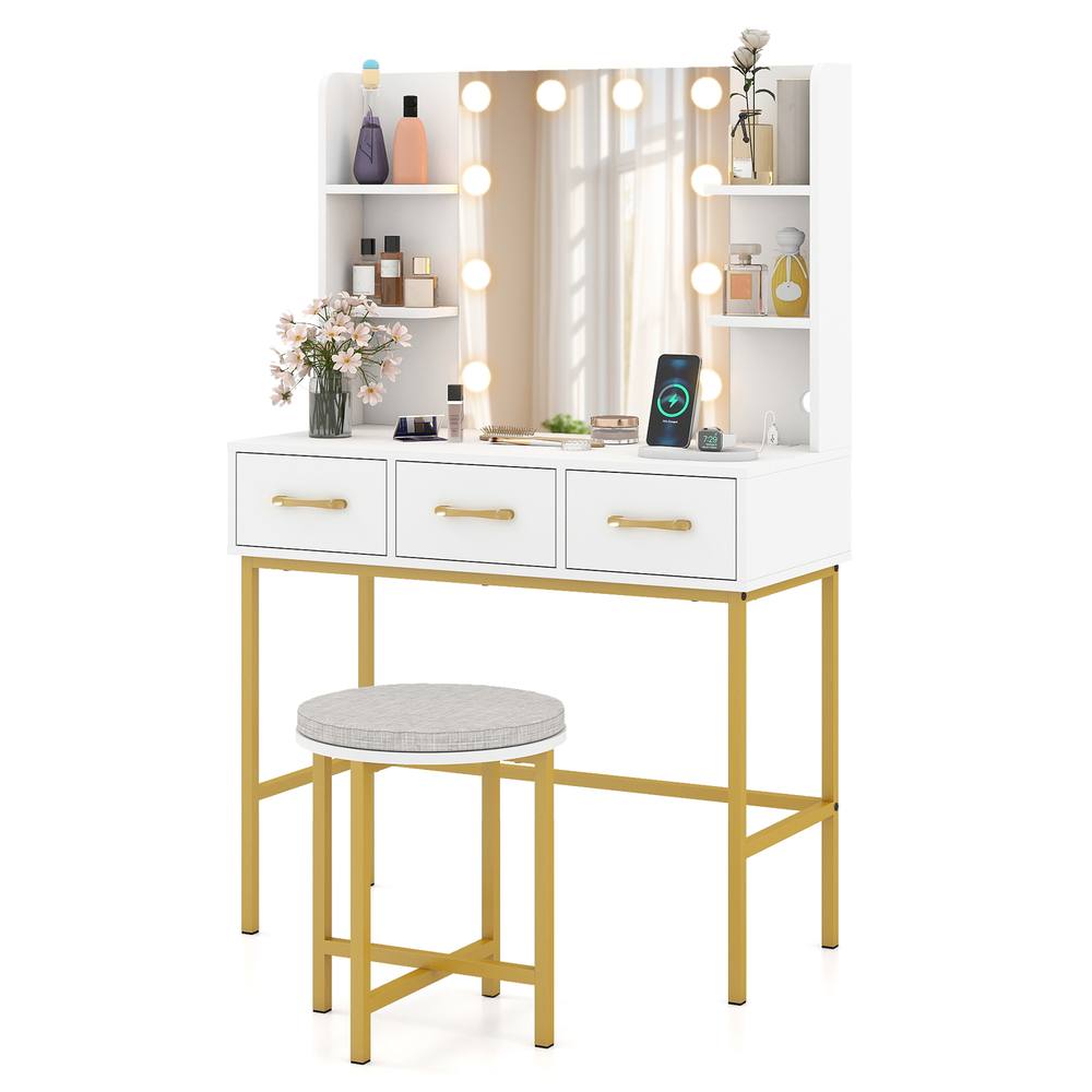 Costway Makeup Dressing Table & Cushioned Stool Set with Mirror & Lights in White