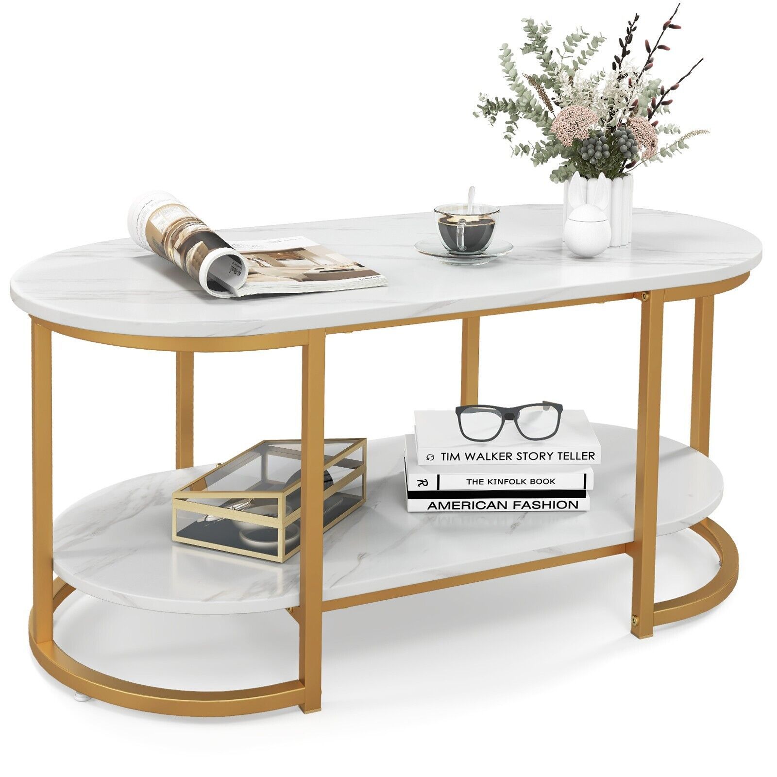 Costway Modern Faux Marble Coffee Table 2Tier Rectangular Chic Cocktail Accent Table in White