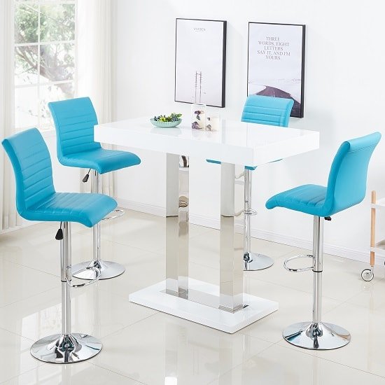 Caprice Bar Table In White Gloss With 4 Ripple Turquoise Stools