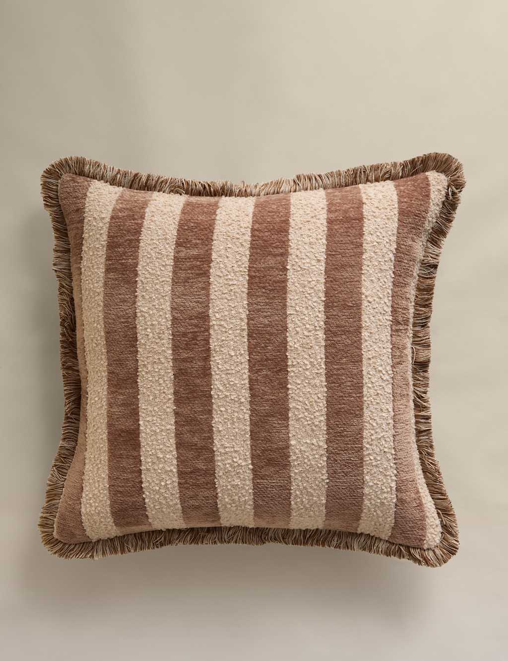 M&S Fringed Chenille Stripe Cushion Cover Caramel