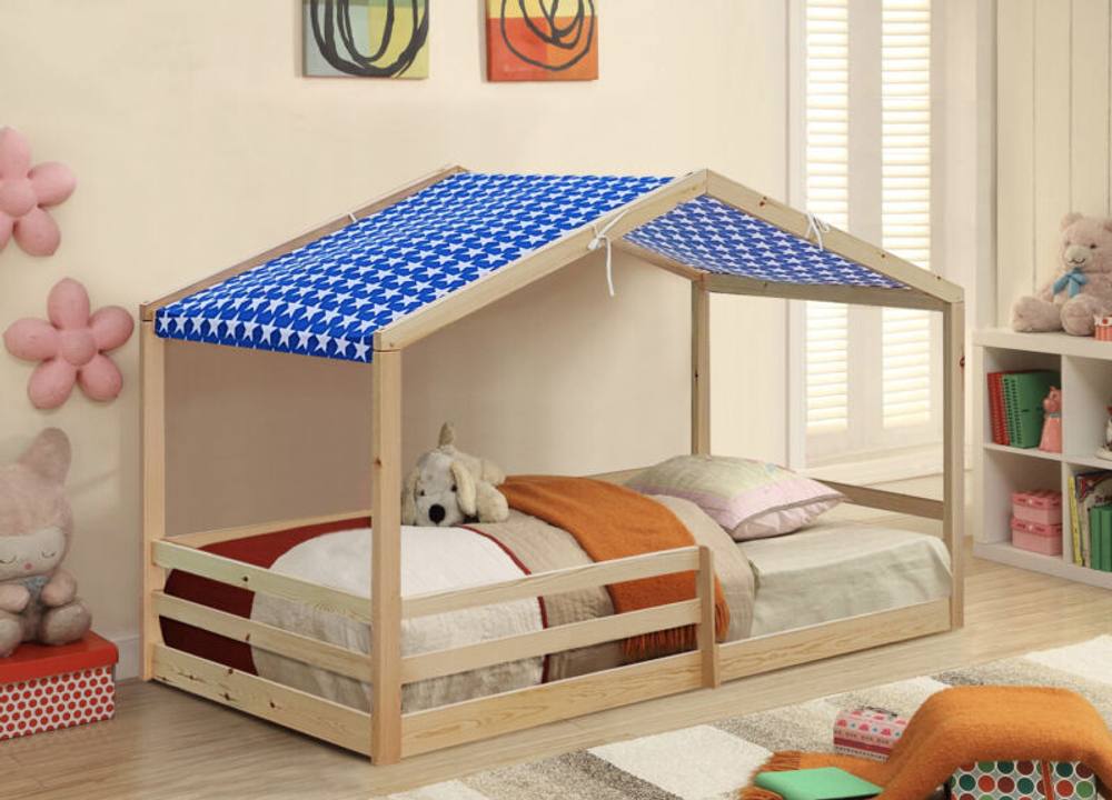 Comfy Living Ltd 3ft Wooden House Bed With Blue Tent in Natural