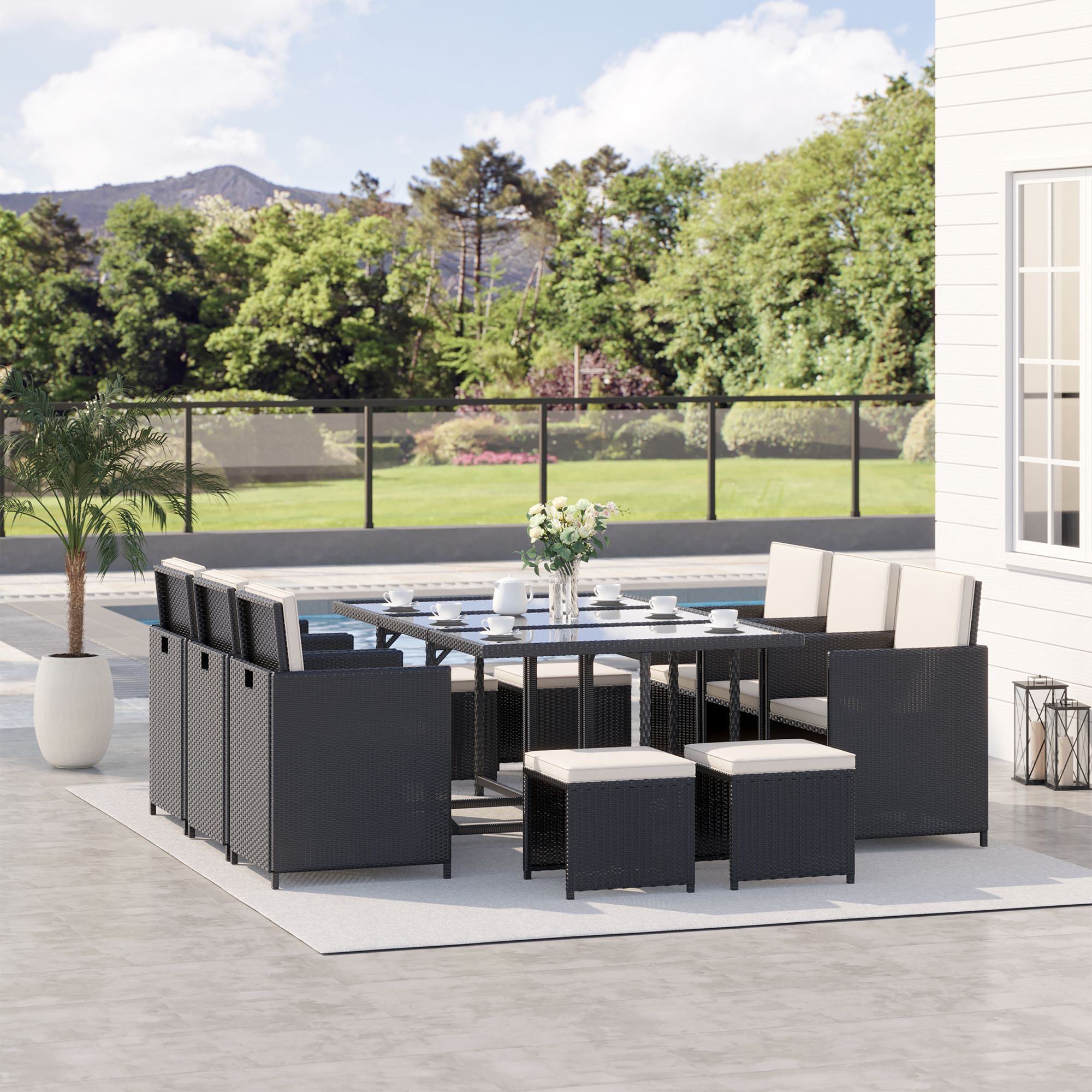OUTSUNNY 11pc Rattan Dining Set Garden Furniture Wicker Patio Conservatory Table Chairs in Black