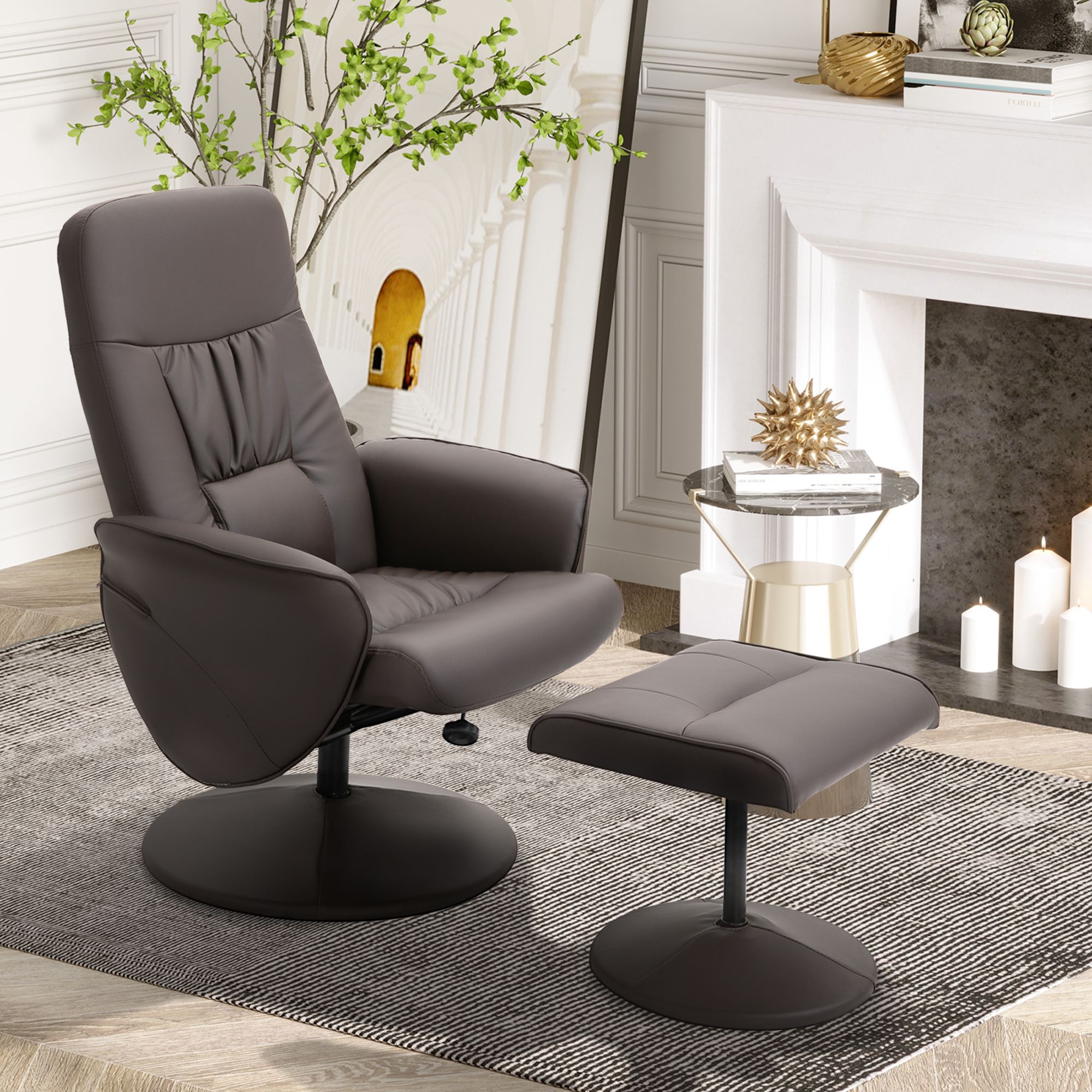 HOMCOM 2 Pcs Reclining Armchair Ottoman 360° Swivel Home Furniture PU Leather in Brown