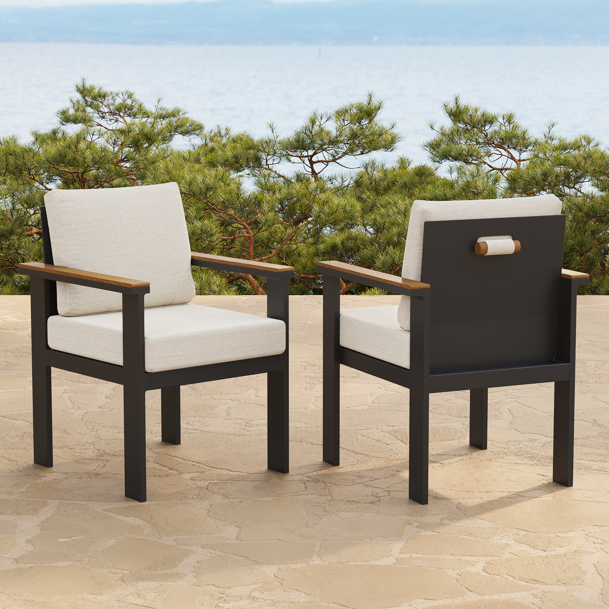 Axis 2 PCS Teak & Aluminum Outdoor Dining Chair Modern Yard & Patio Furniture in Beige Cushion & Pillow Included