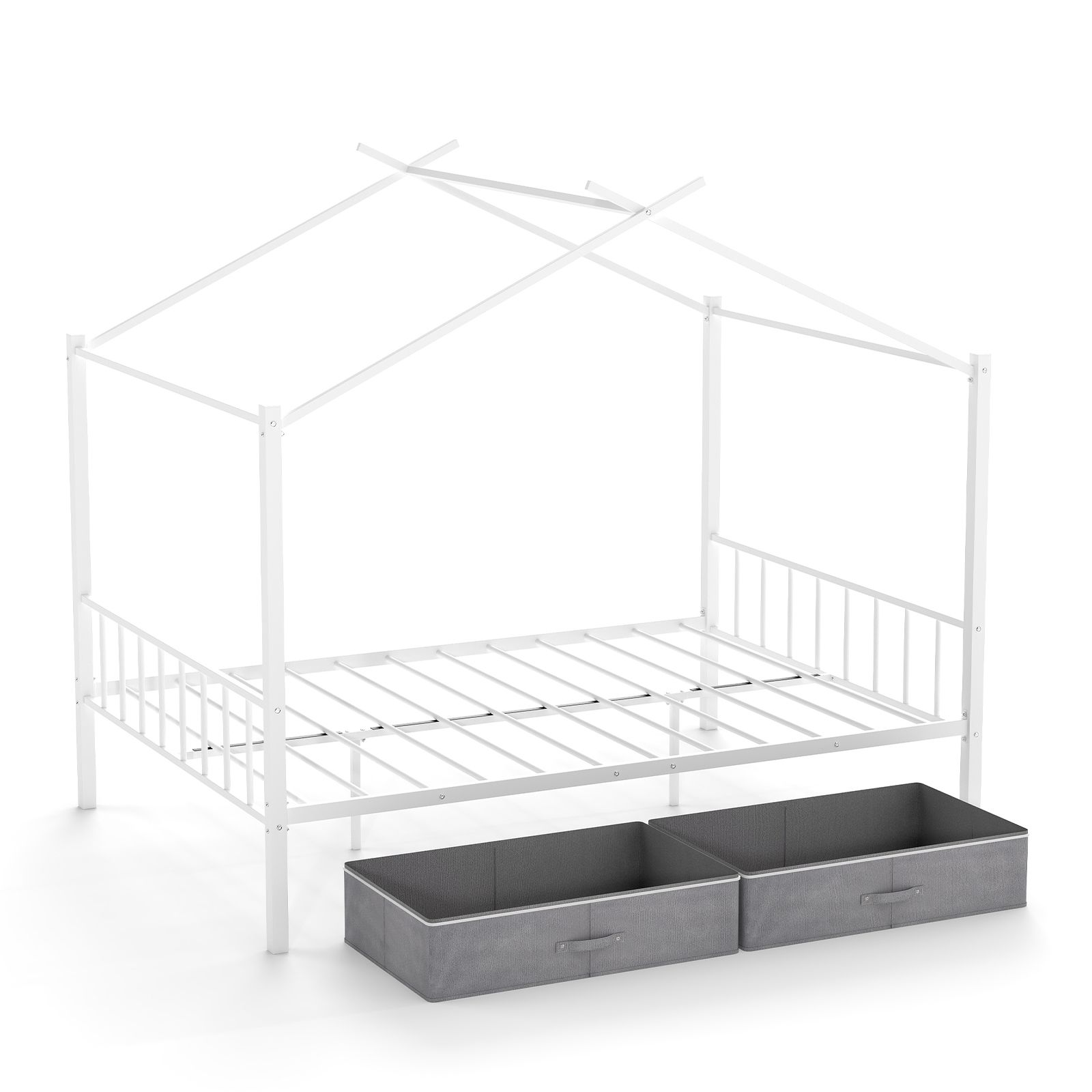 Costway Double Size House Bed Heavy-Duty Metal Platform Bed w/2 Drawers in White