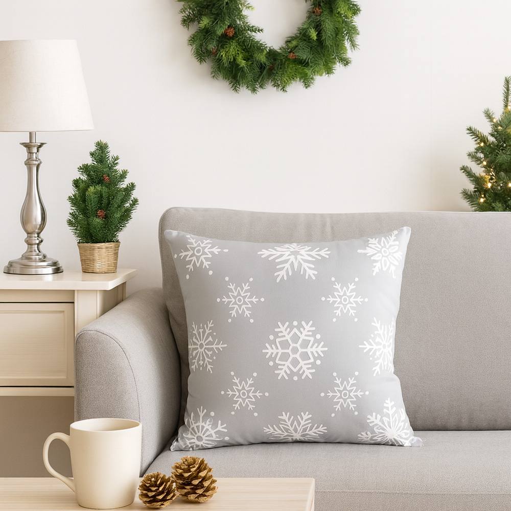 Voltico Festive Christmas Cushion - Snowflake & Santa Hat Design, 36 × 36 cm in Grey