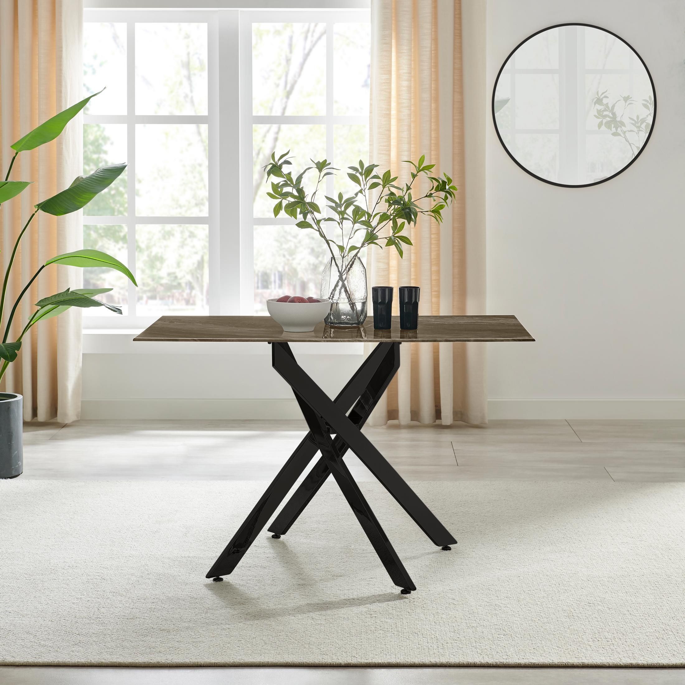 FurnitureboxUK Leonardo 4-Seater Dining Table With Marble Effect Glass Top & Black Metal Legs in Dark Brown