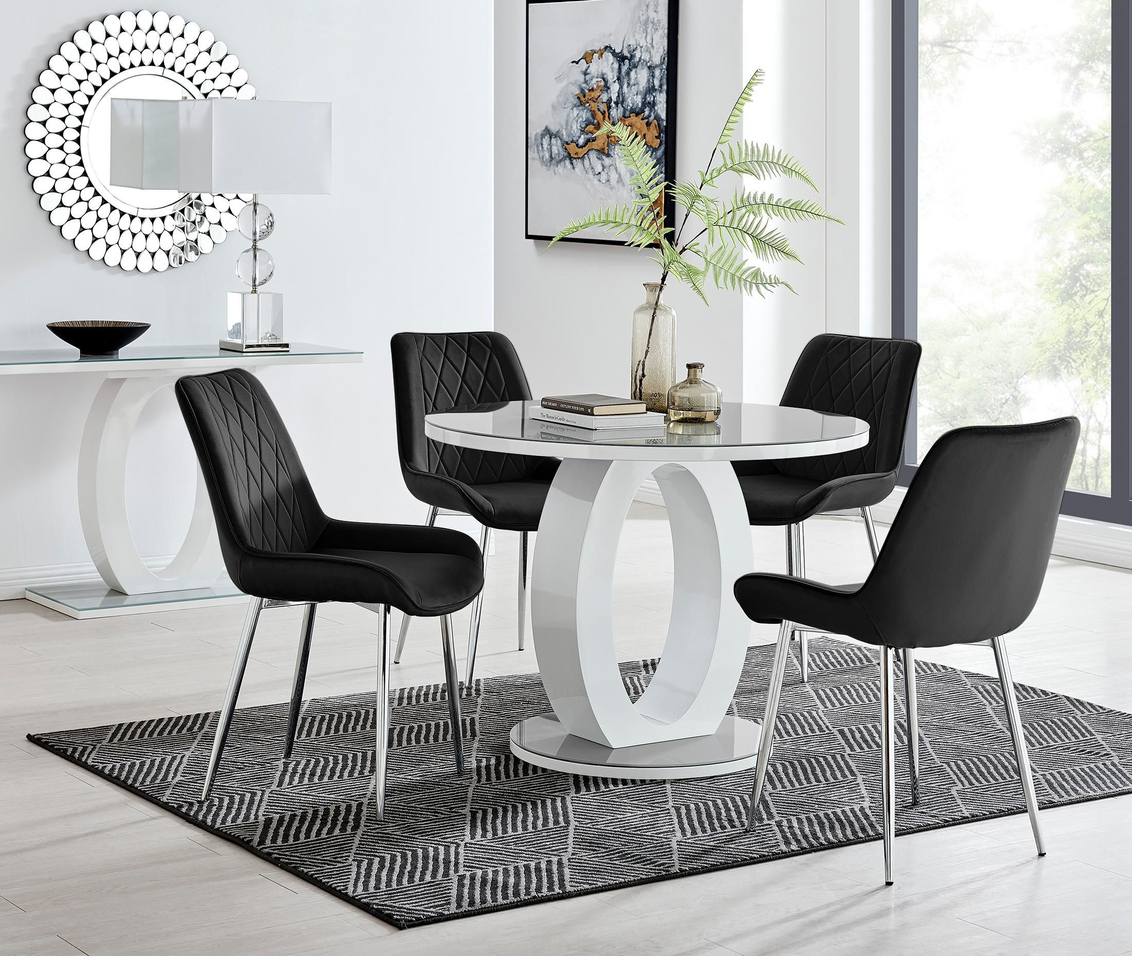 FurnitureboxUK Giovani Round 4 Seat 100cm White High Gloss Halo Base Grey Glass Top Dining Table 4 Soft Velvet Silver Leg Pesaro Chairs in Black