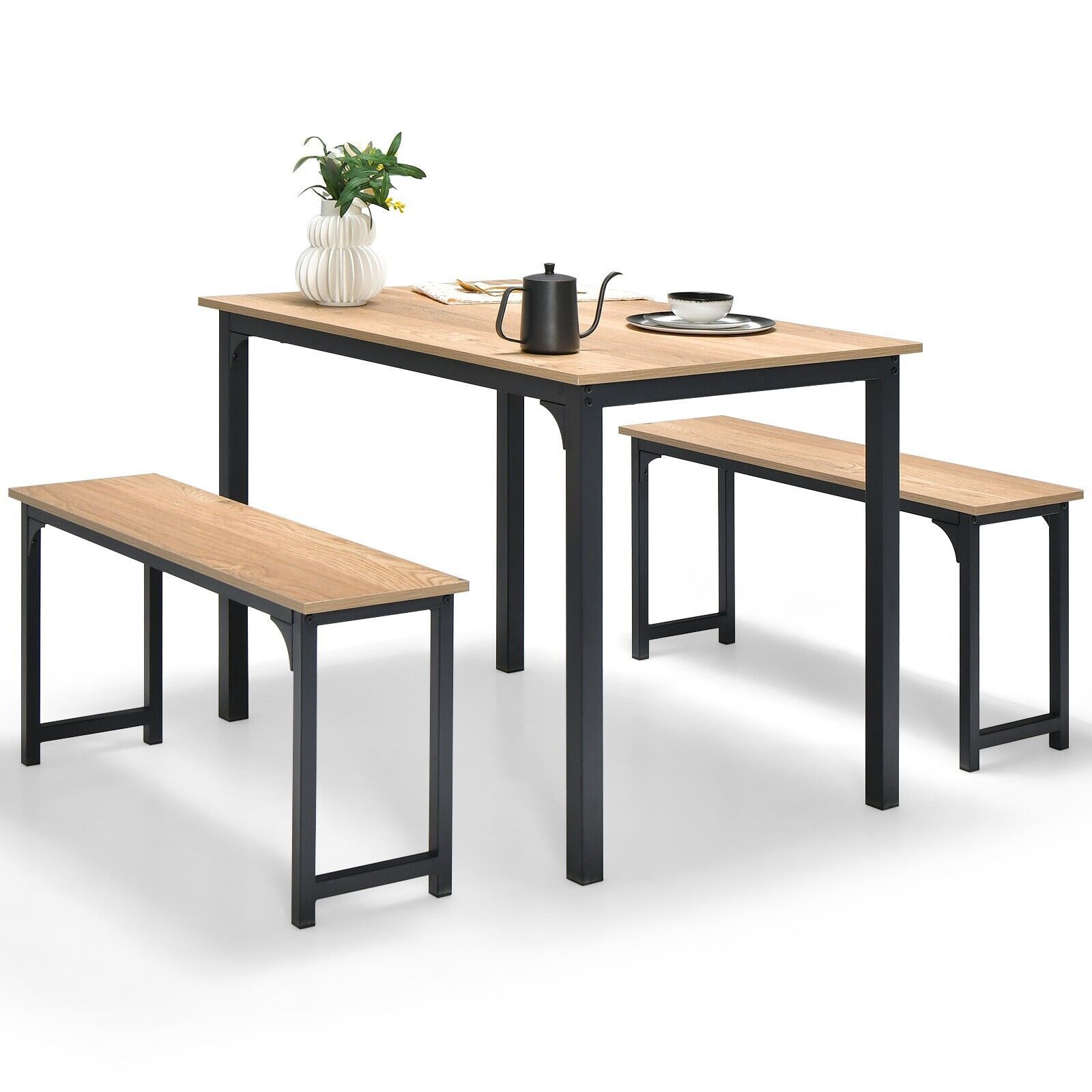 Costway 3 PCS Dining Table Set Space-Saving Kitchen Table Set w/2 Benches in Natural